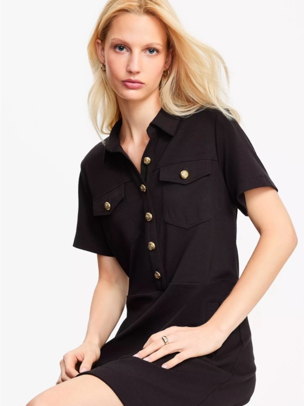 LOFT Petite Black Ponte Mini Dress with Gold Buttons and Pockets - 0P NWT